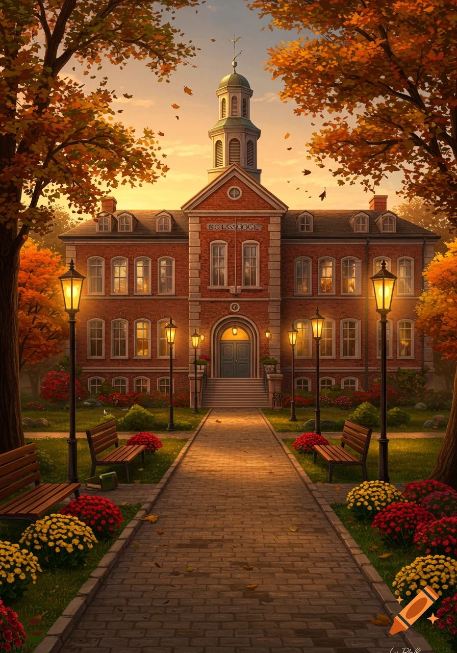 A beautiful brick school building with a clock tower, surrounded by vibrant autumn trees and fallen leaves, at sunset.
