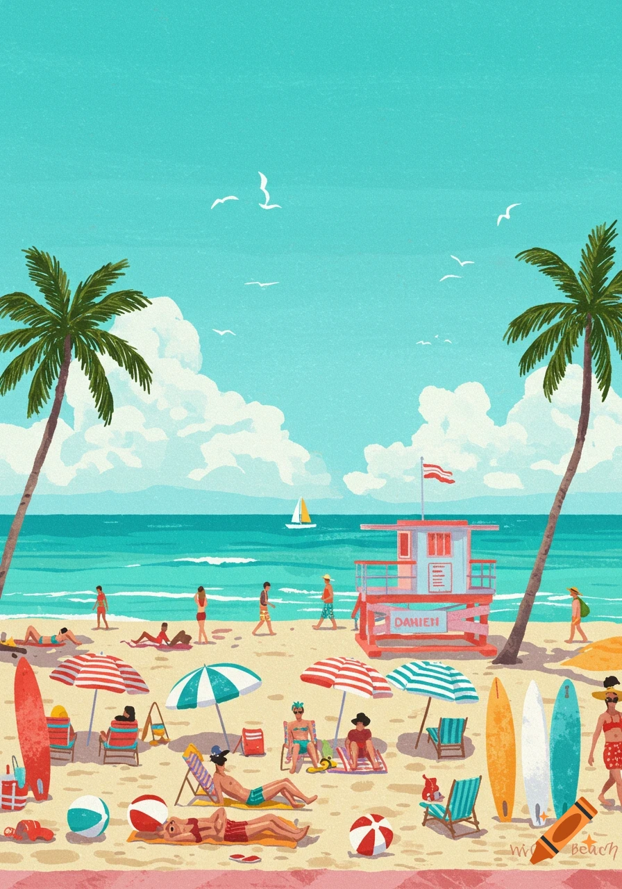 A vibrant, stylized illustration of a busy Miami beach with people, palm trees, and a red and blue lifeguard stand.