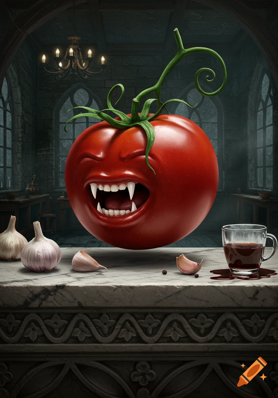 Photorealistic vampire tomato with fangs, garlic, and a glass of blood on a marble counter in a dark, gothic room.