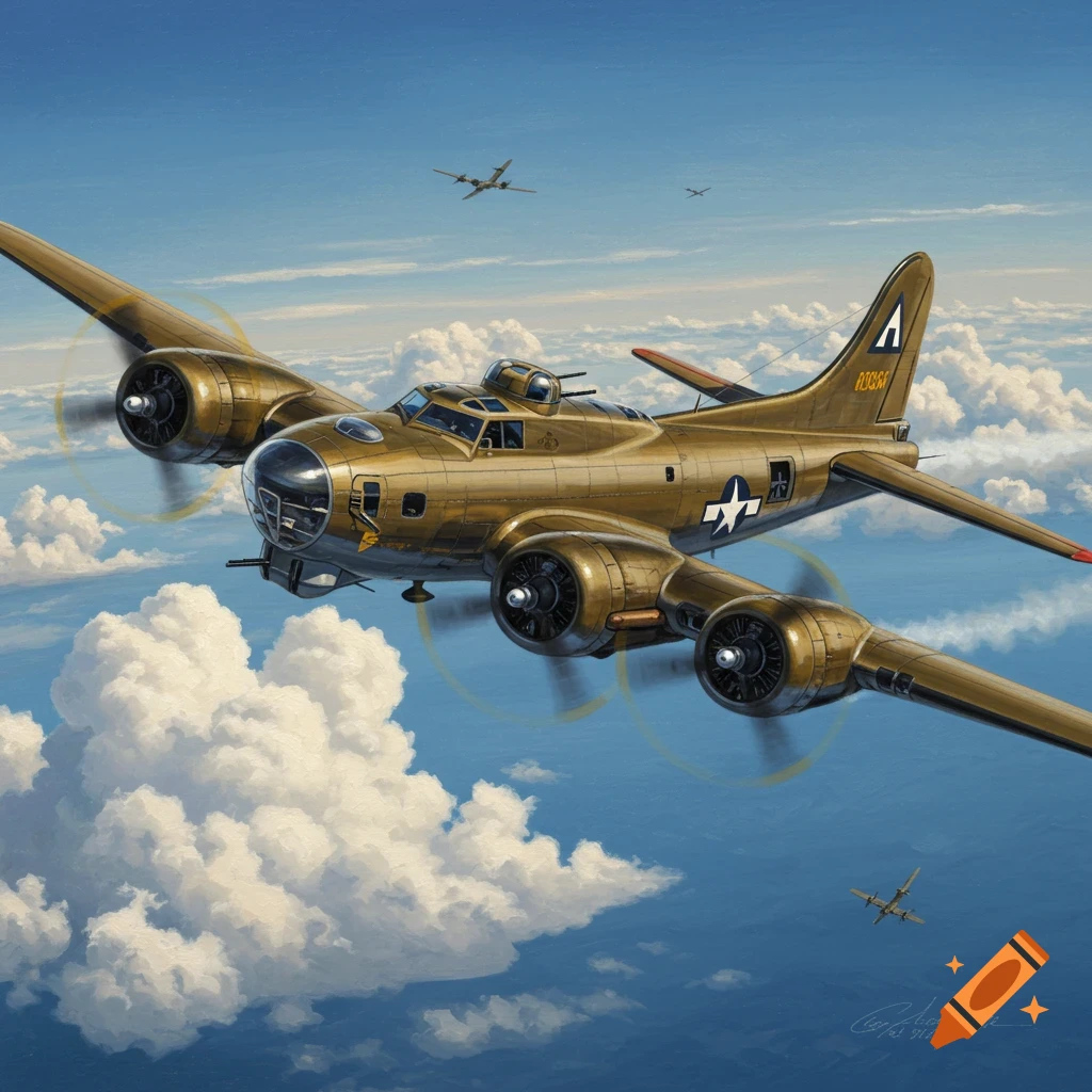 A painted image of a B-17 bomber aircraft flying through a cloudy blue sky, with other planes in the distance.