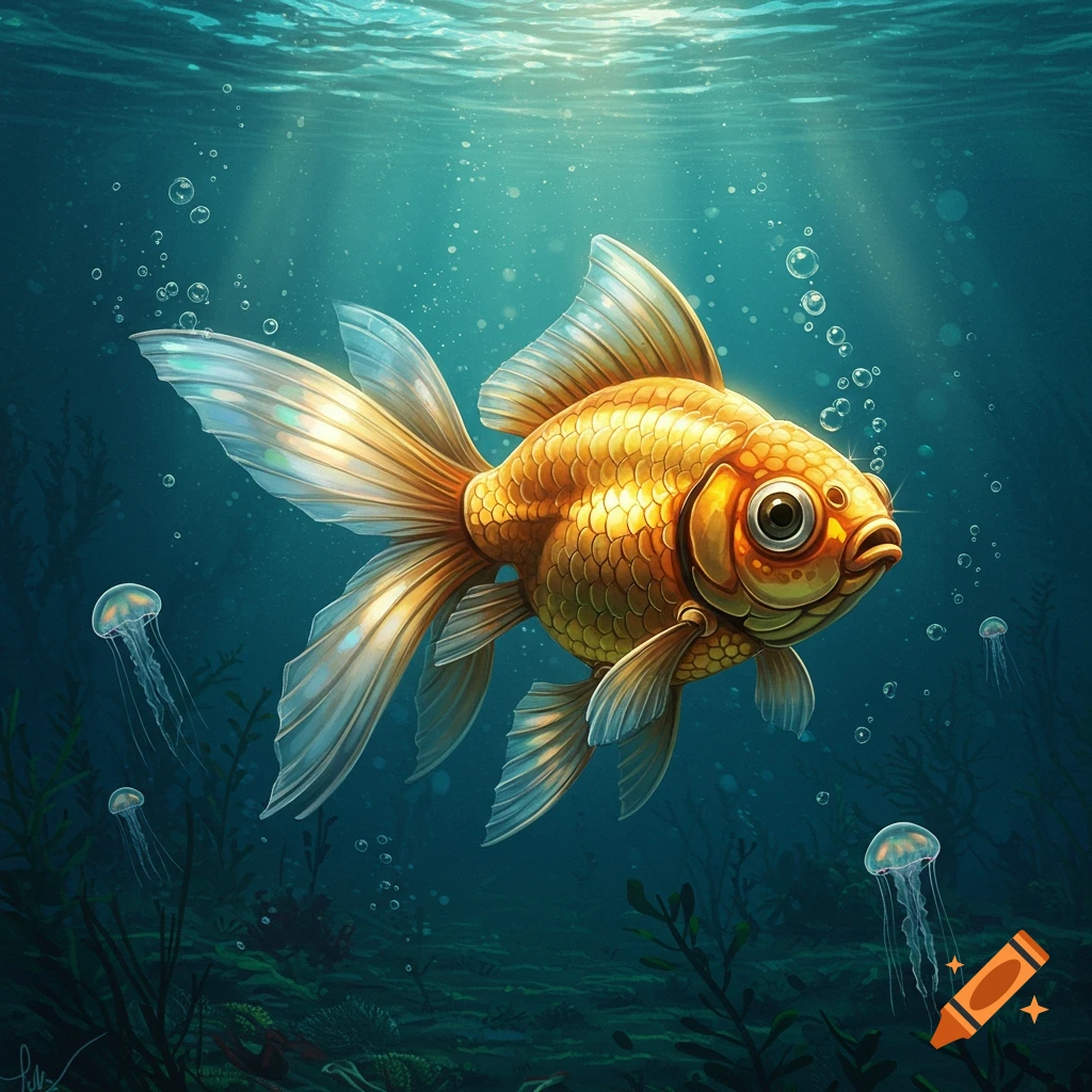 Stylized golden goldfish with large eyes swimming underwater with small jellyfish and plants, sunlight filtering from above.