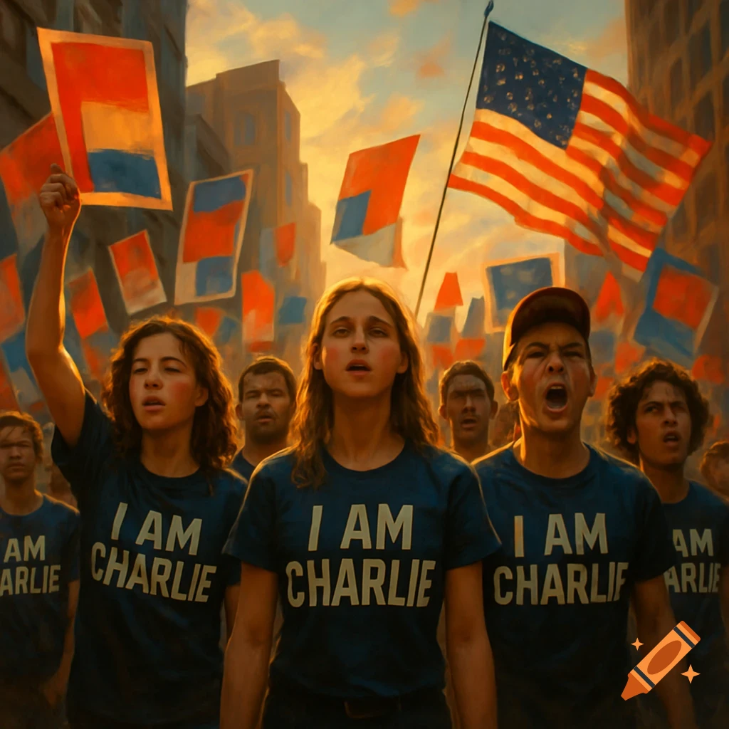 Young people in 'I AM CHARLIE' t-shirts protest under an American flag in a city street, at sunset.