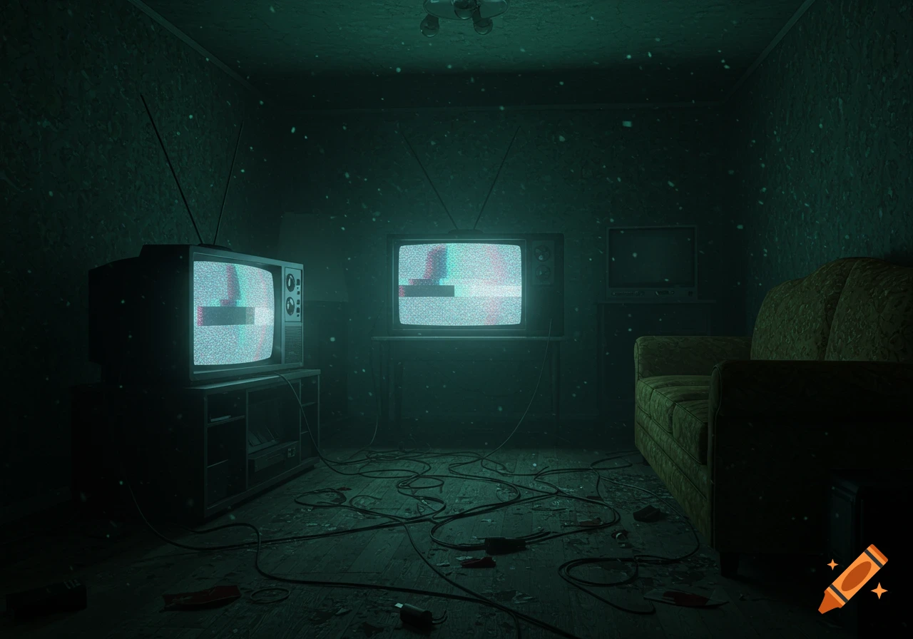 An eerie, dark room with old televisions showing static, tangled wires on the floor, and an old couch, evoking a retro horror style.