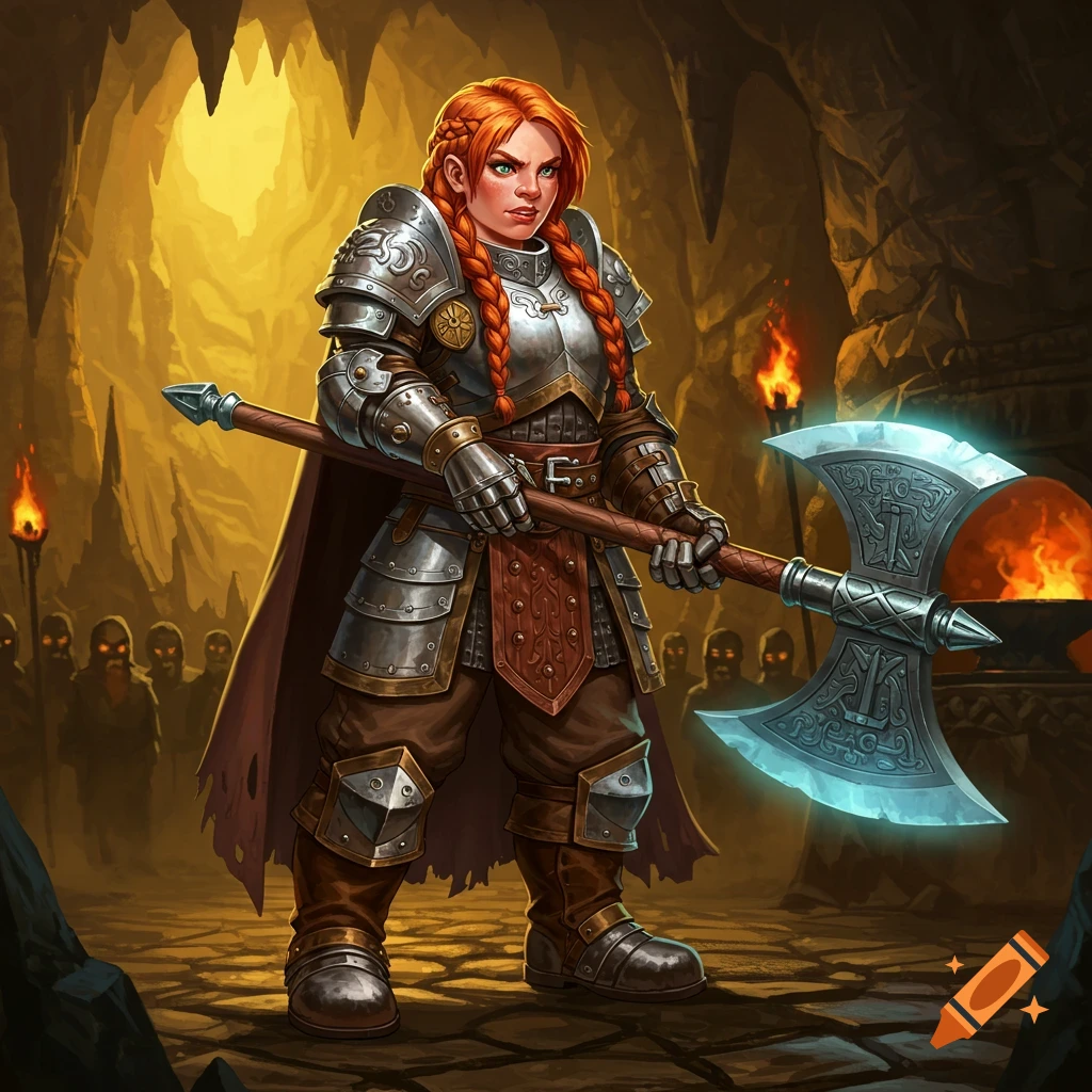 Red-haired dwarf warrior in full armor holds a glowing axe in a dimly lit cave, shadowy figures visible in the background.