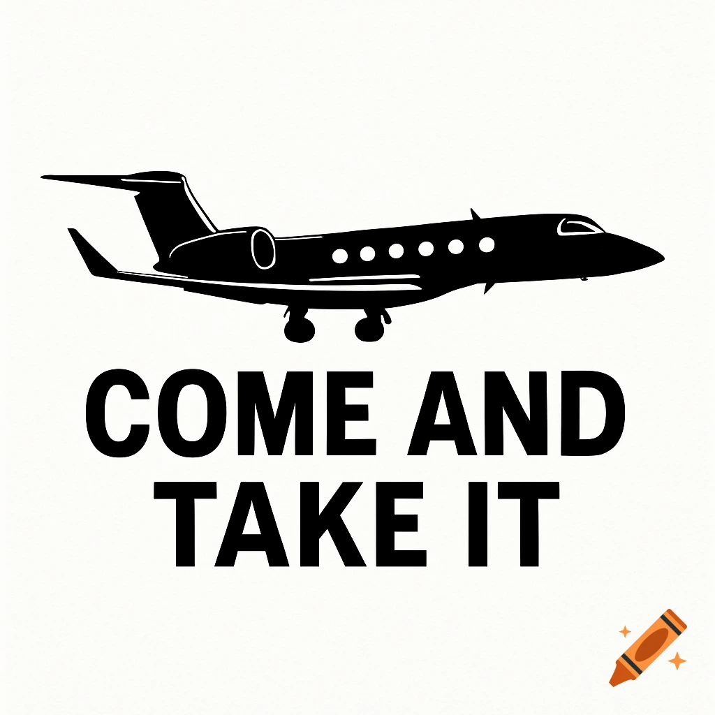 Black silhouette of a private jet above the bold text 'COME AND TAKE IT' on a white background.