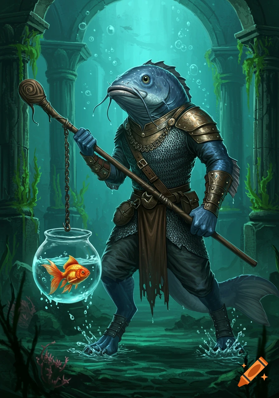 Blue-scaled catfish creature in chainmail armor holds a staff with a goldfish bowl flail in ancient underwater ruins, fantasy art.