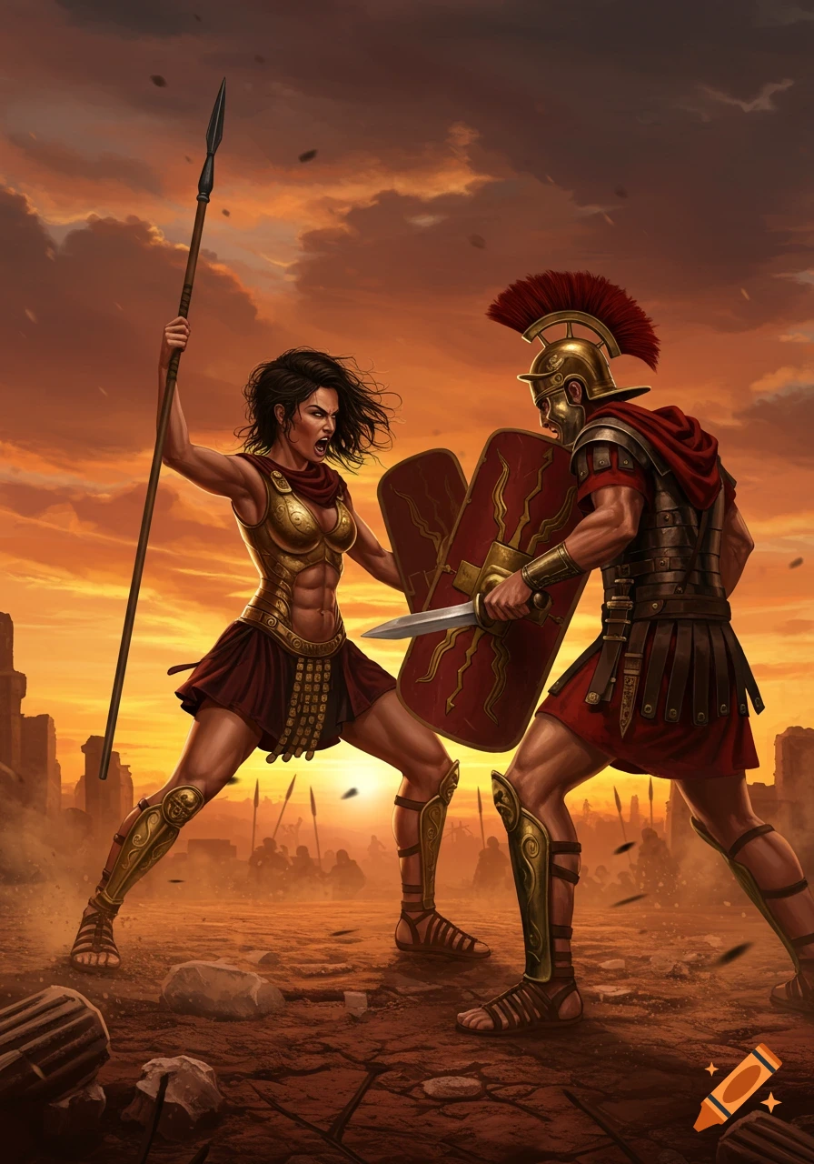 A fierce Roman woman with a spear battles a Roman man with a sword and shield amidst ruins under a dramatic sunset, digital art.