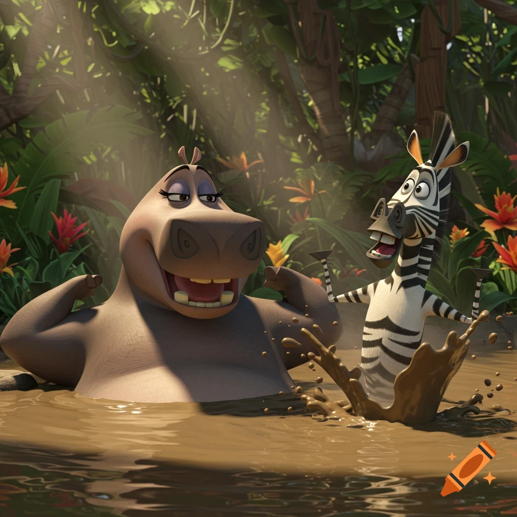 Gloria the hippo and Marty the zebra from Madagascar laugh and splash in a muddy jungle pool.