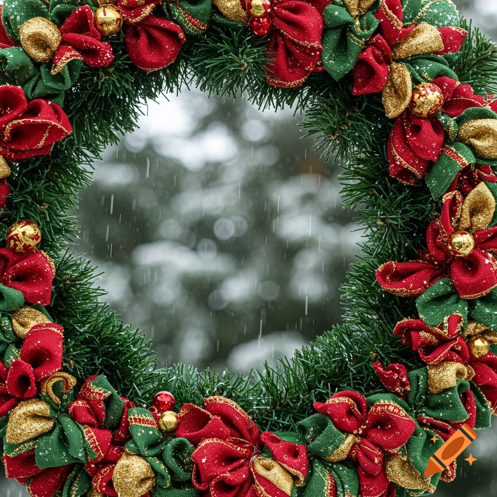 A close-up of a festive Christmas wreath with red, green, and gold fabric bows and bells, with snow falling in a blurred background.