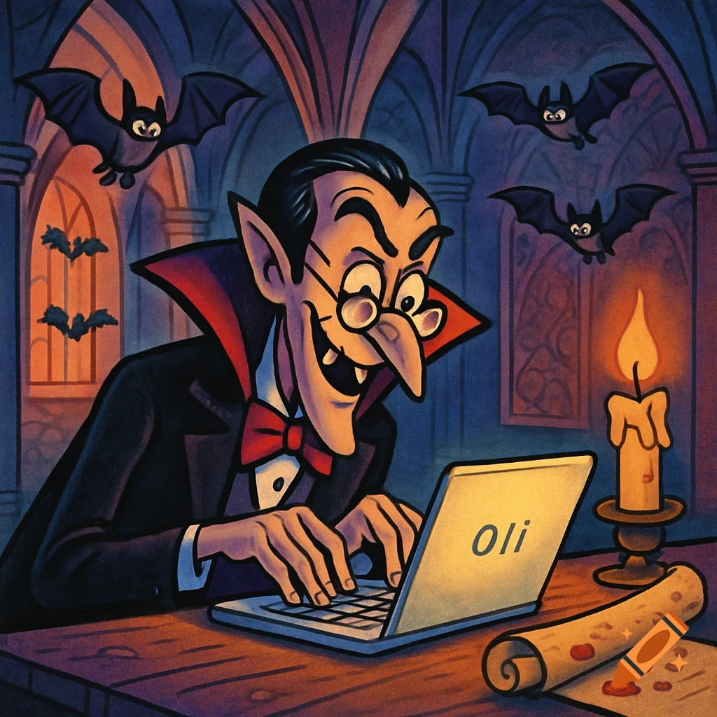 Cartoon Count Dracula types on a laptop in a gothic castle with flying bats, a lit candle, and a scroll.