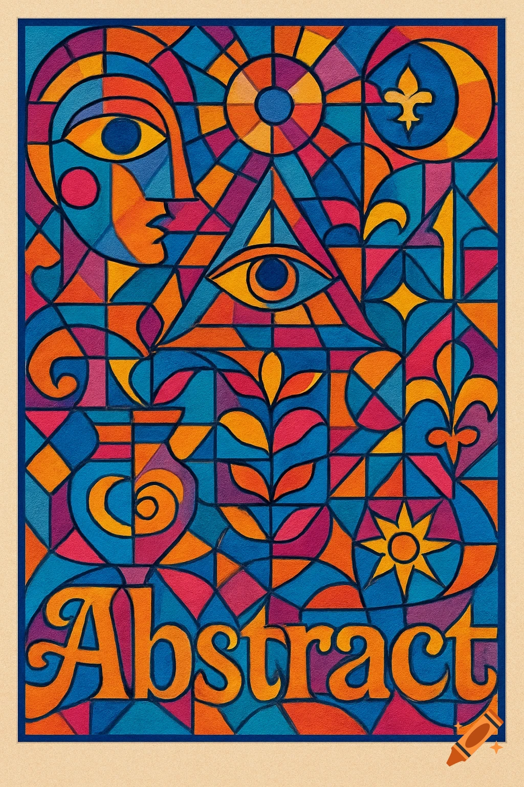 Vibrant abstract geometric design in a stained glass style, with a stylized face, eye, sun, moon, and the word 'Abstract'.
