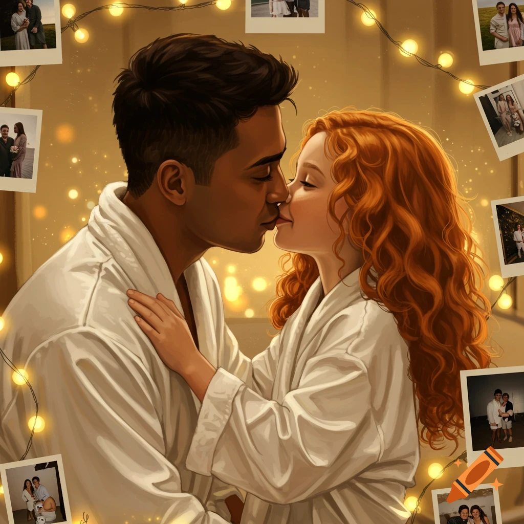 Illustrated romantic scene of a man and woman in white robes kissing, surrounded by fairy lights and small framed photos.