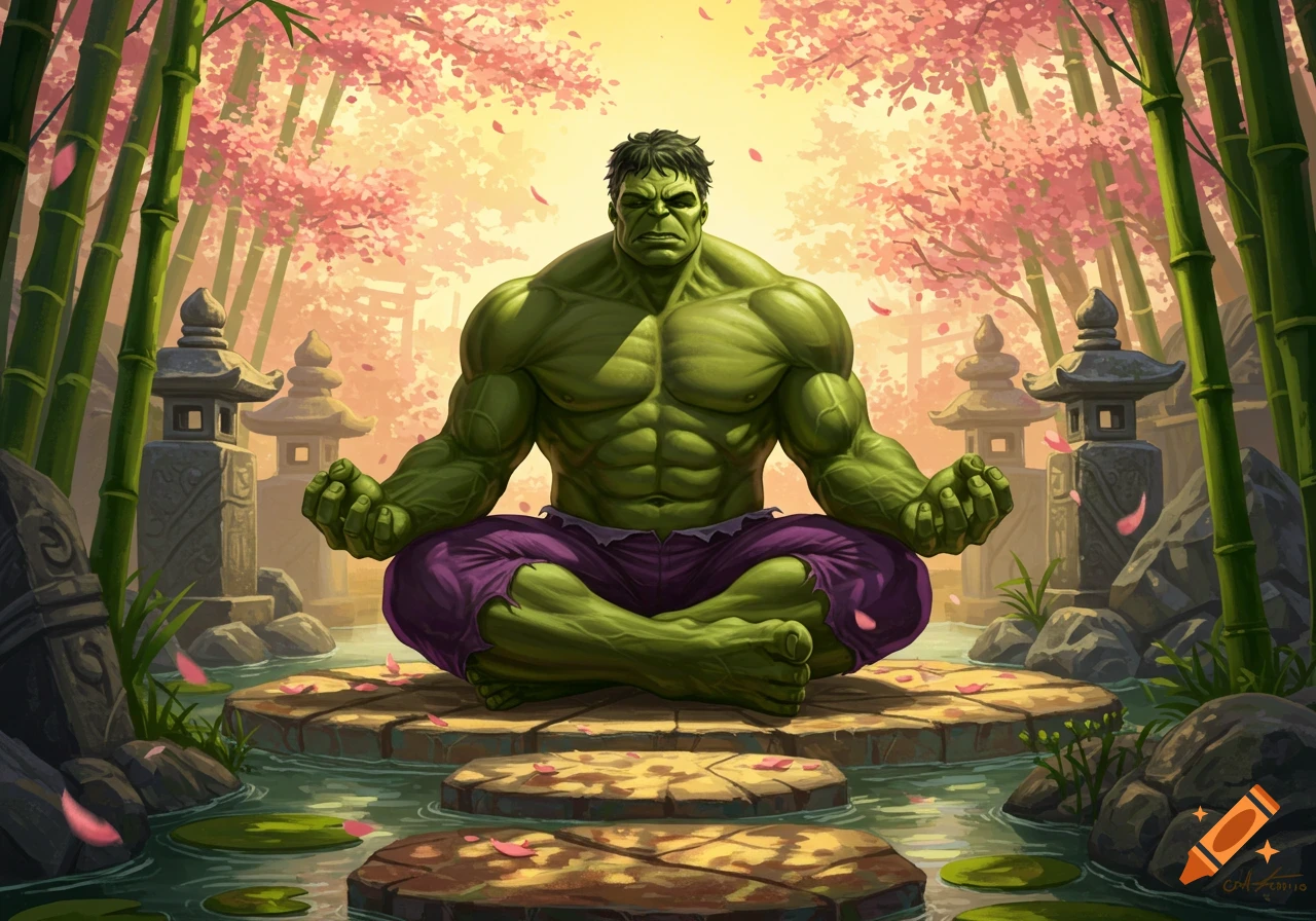 The Hulk meditates in a lotus pose in a peaceful Japanese garden with bamboo, cherry blossoms, and stone lanterns.