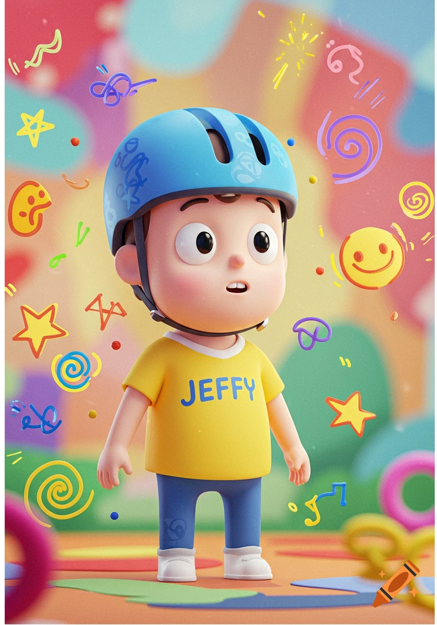 A cute 3D cartoon boy with a blue helmet and yellow JEFFY shirt stands in a vibrant, colorful setting with abstract shapes.