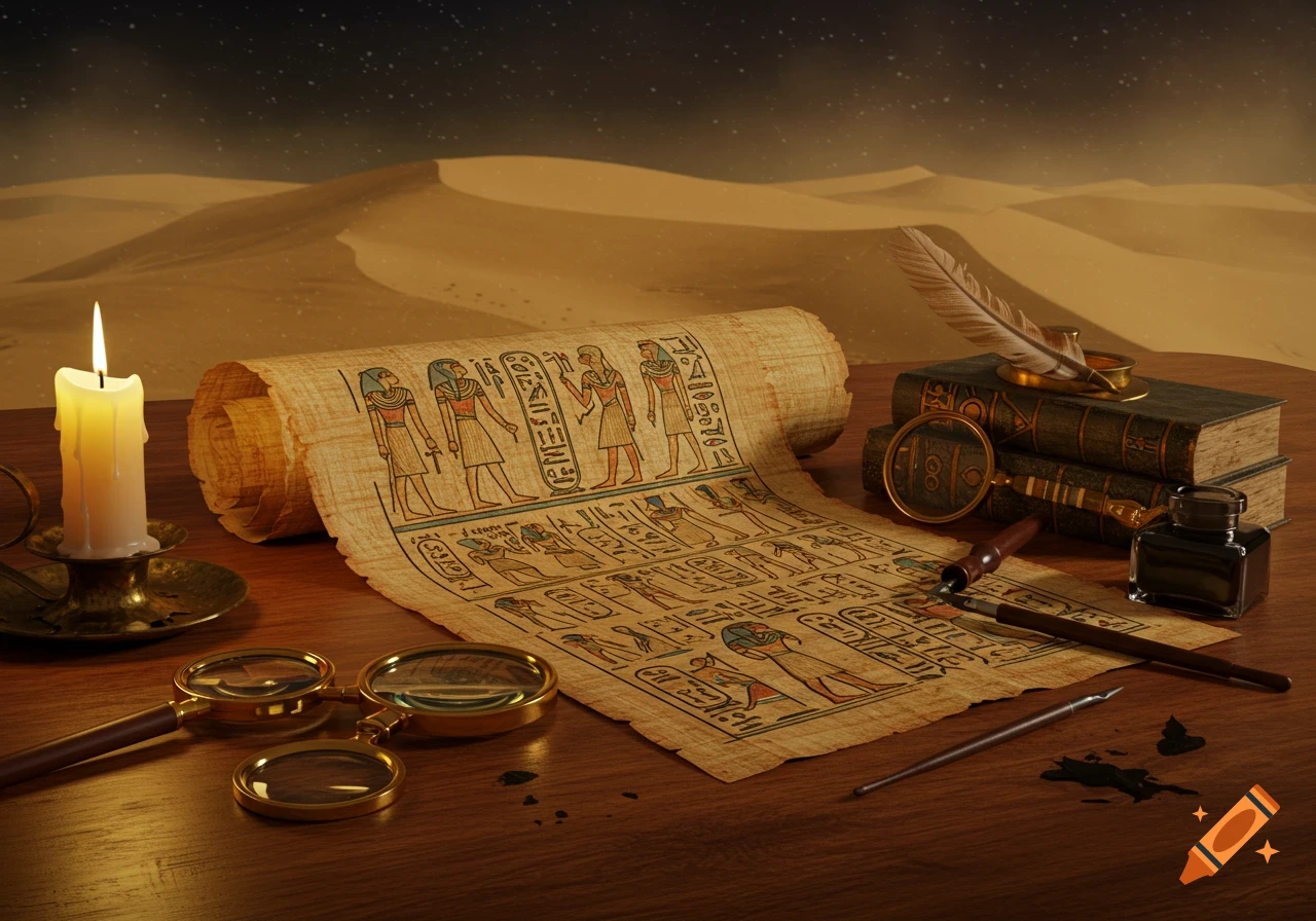 An ancient Egyptian papyrus scroll with hieroglyphs, a lit candle, books, and writing tools on a wooden table, with desert dunes under a starry sky.
