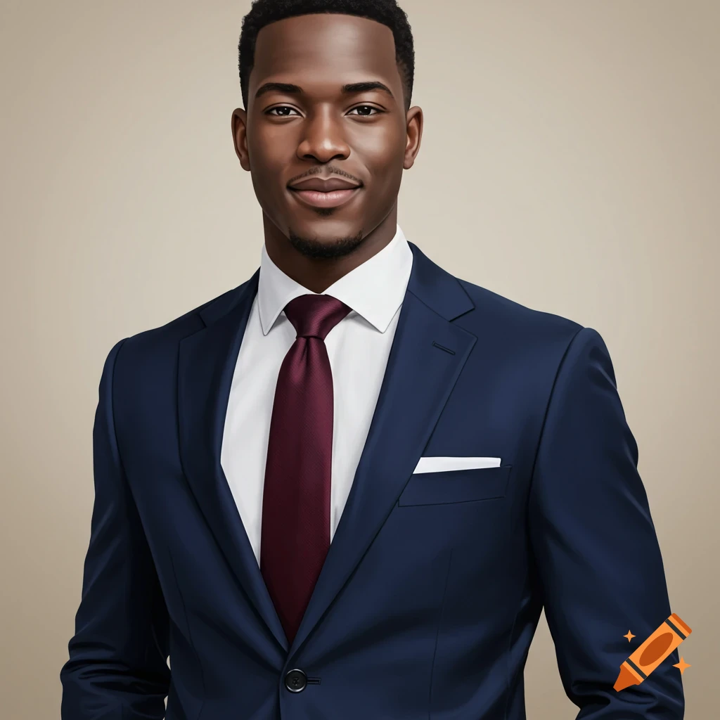 Photorealistic portrait of a handsome young Black man in a navy blue suit and burgundy tie, smiling professionally.