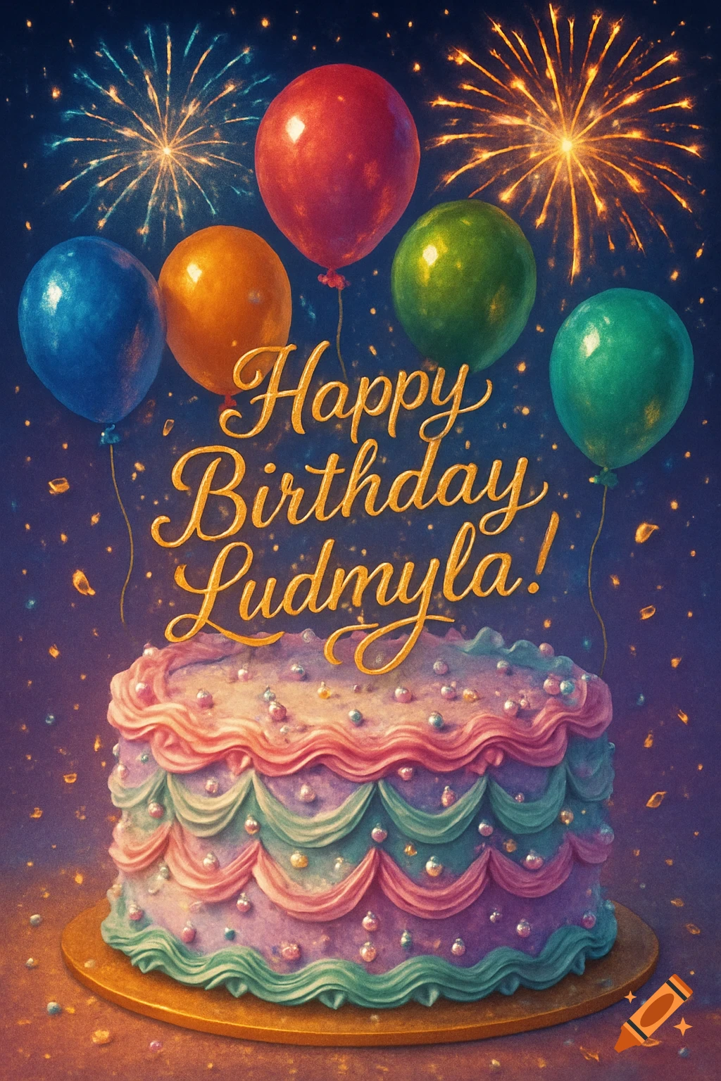 A vibrant birthday cake with colorful frosting, balloons, and fireworks against a night sky, wishing 'Happy Birthday Ludmyla!'.