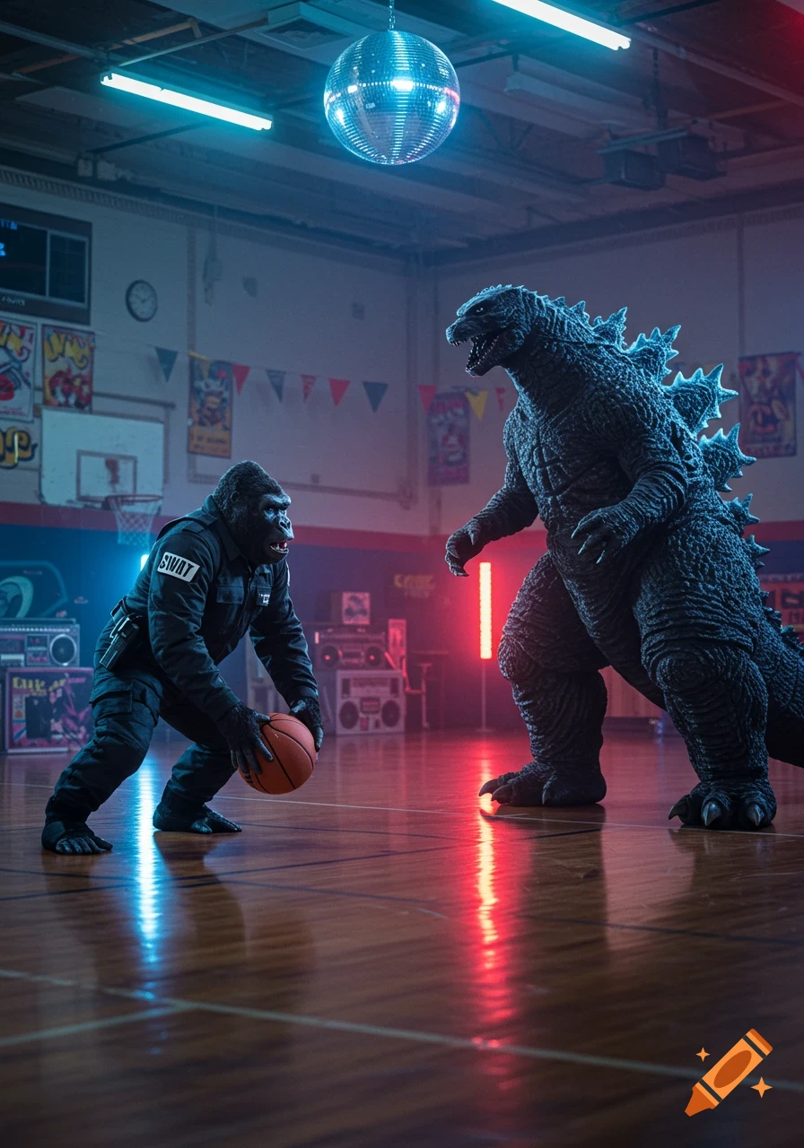 A photorealistic image of a gorilla in a SWAT suit dribbling a basketball against Godzilla in a 1980s-style gym with neon lights and a disco ball.