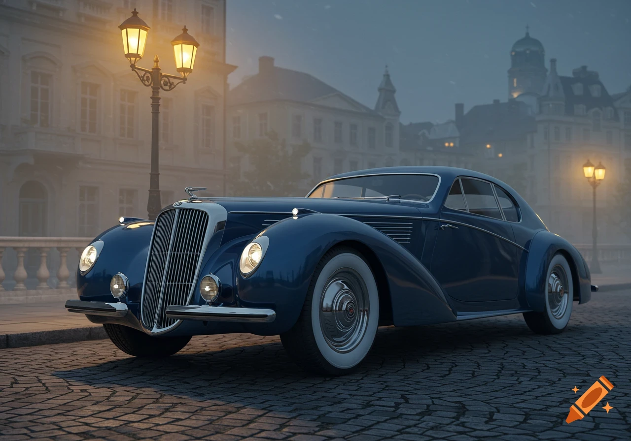 A photorealistic dark blue 1930s luxury car on a cobblestone street at dusk, with streetlamps and foggy old city buildings.