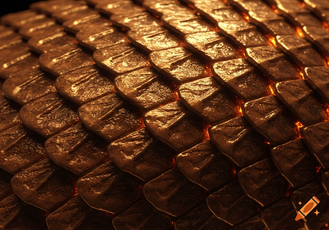 Close-up of shimmering copper and gold dragon scales with a warm, glowing light beneath them.