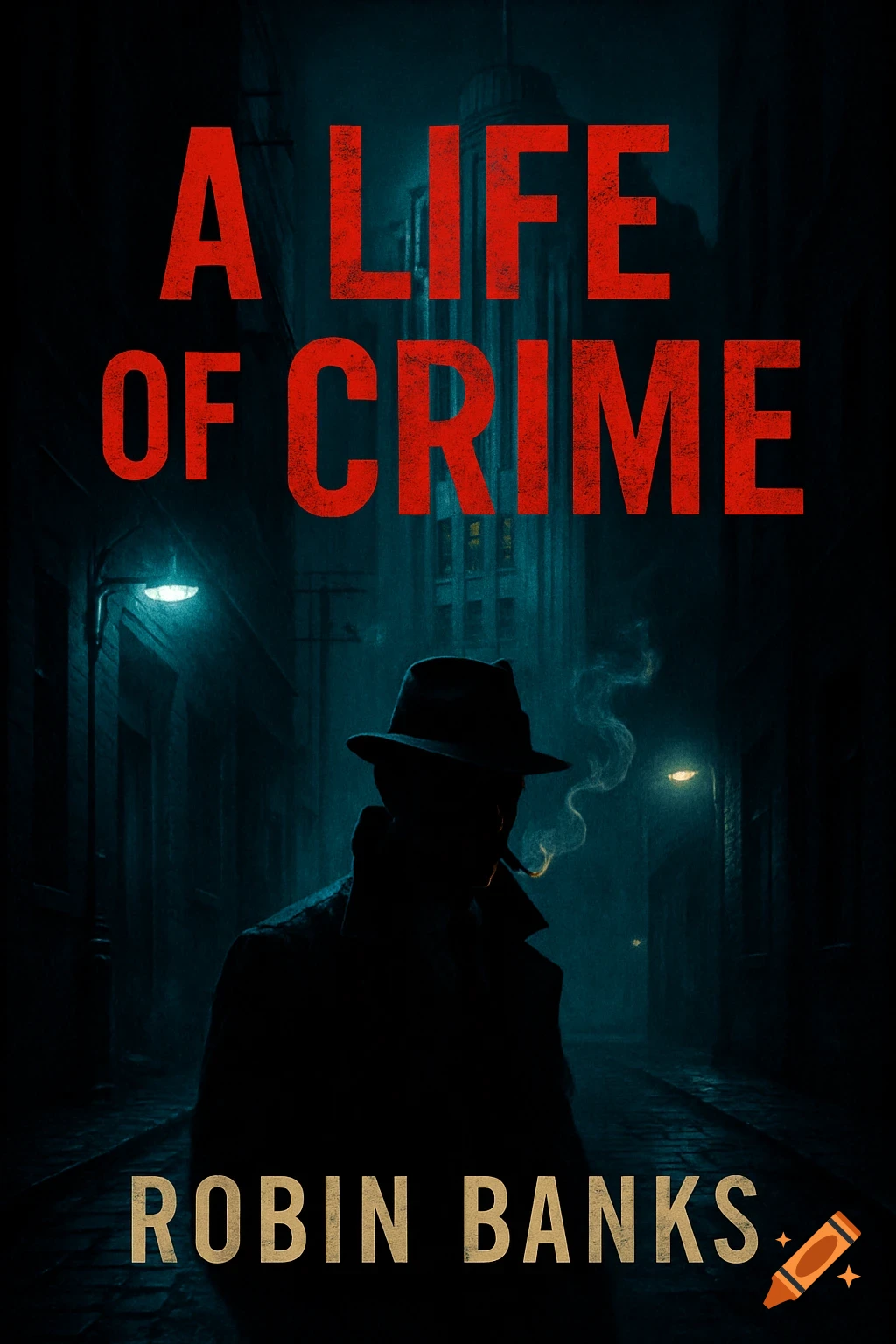 Noir crime book cover. A shadowy man in a fedora and trench coat smokes in a dark alley. Text: "A Life of Crime" by Robin Banks.