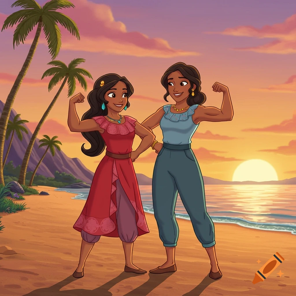Cartoon women Elena and her mom flex muscles on a tropical beach at sunset.