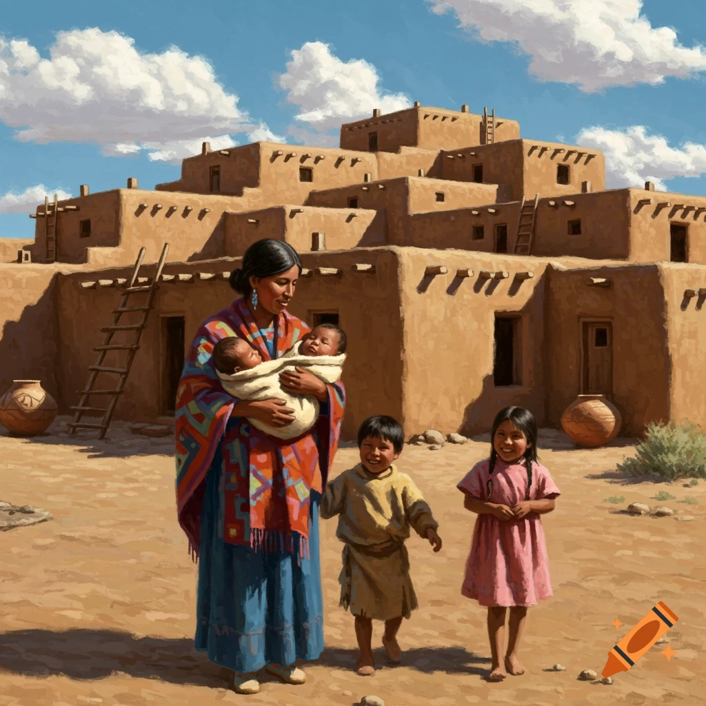 Painted scene of a Native American woman holding two infants, with a boy and girl beside her, in front of a pueblo village under a blue sky.
