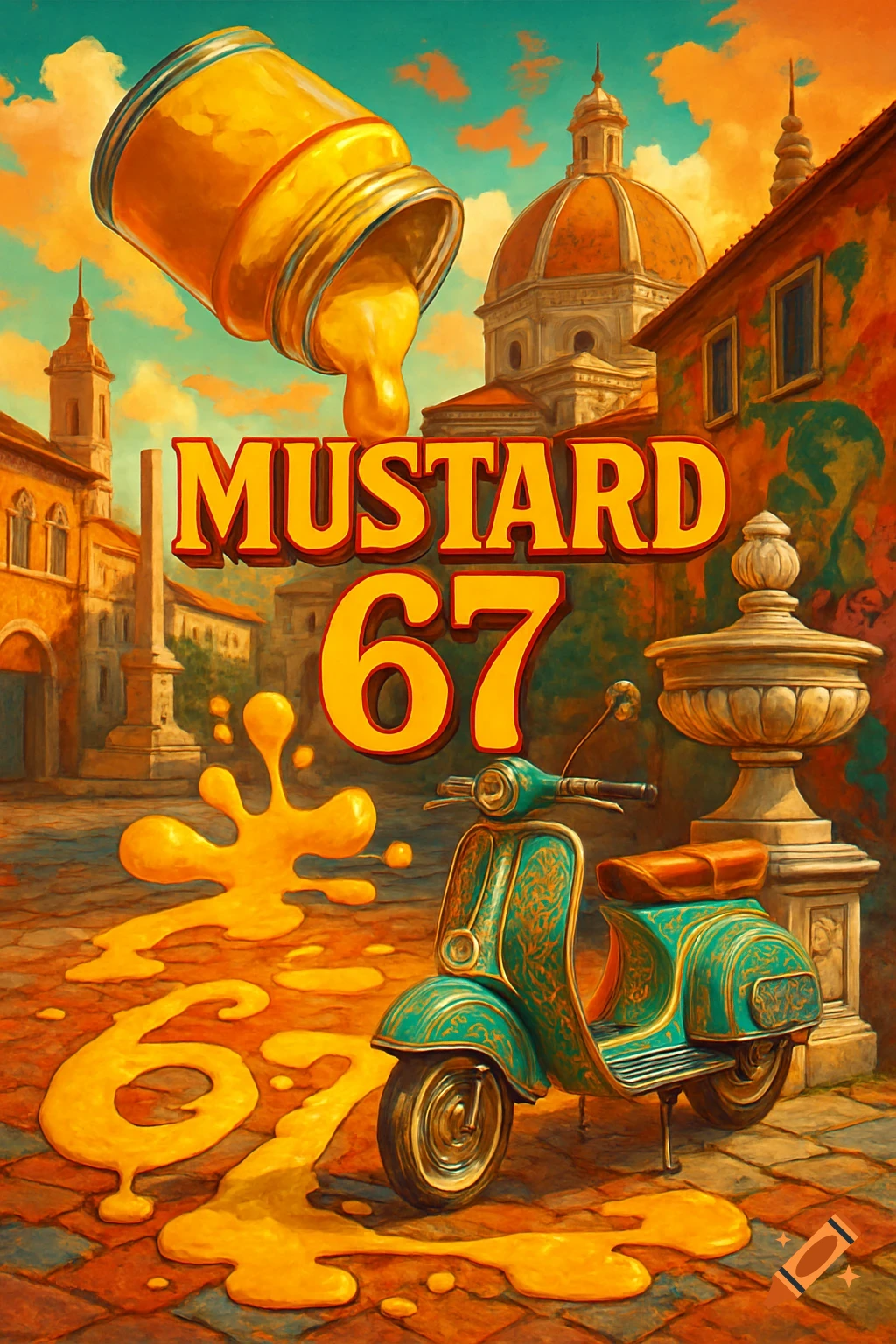 A giant mustard jar spilling mustard onto an Italian street with a teal scooter and buildings, under text 'MUSTARD 67'.