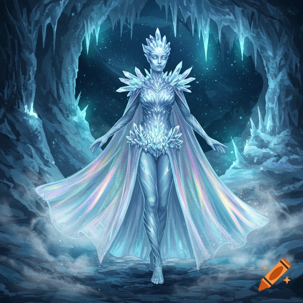 A majestic ice queen with crystalline crown and shimmering, iridescent cape stands in a glowing ice cave.