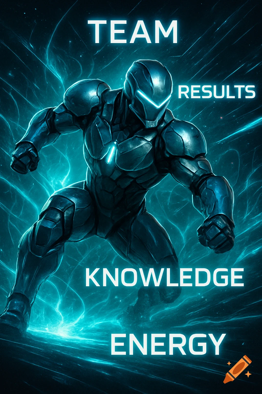 A futuristic armored superhero glows with neon energy against a dynamic background, surrounded by the words 'Team, Results, Knowledge, Energy' in a poster style.