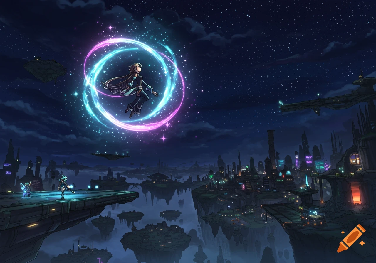 Anime girl in a blue and pink energy aura floats over a futuristic sky city at night under a starry sky.