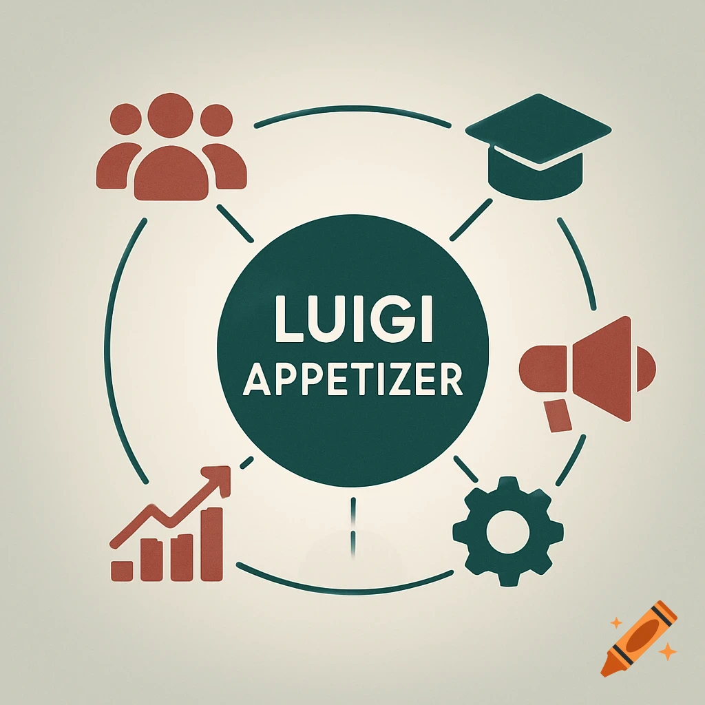 A minimalist diagram with 'LUIGI APPETIZER' in a central circle, surrounded by icons for community, education, marketing, operations, and growth.