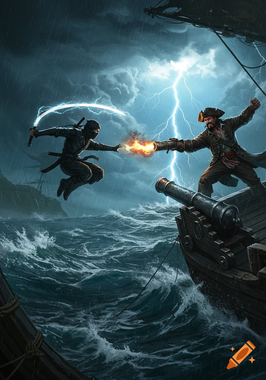 A dramatic digital painting of a ninja fighting a pirate on a stormy sea. The ninja jumps with an electric blade while the pirate fires a cannon.