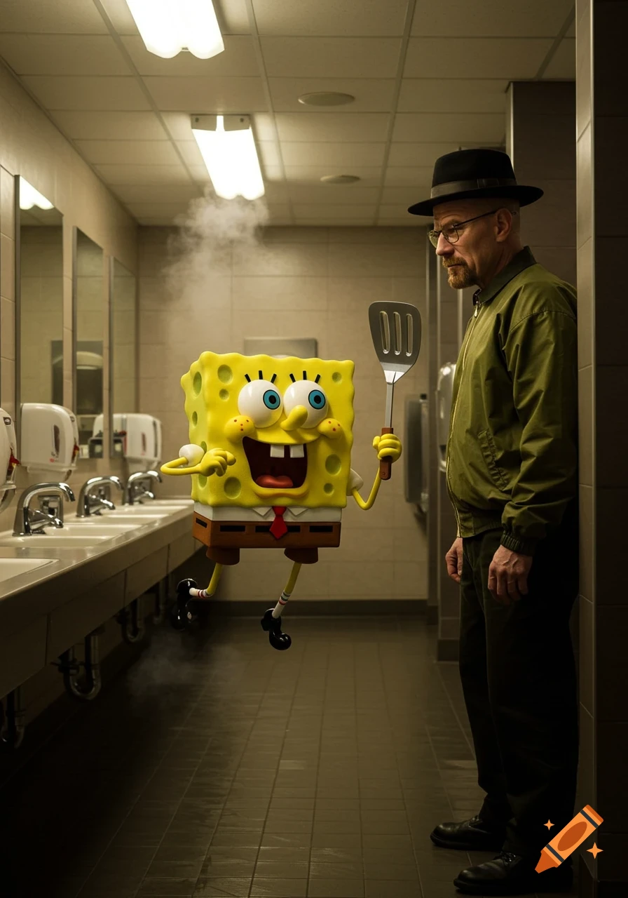 Photorealistic image of Spongebob Squarepants floating with a spatula, looking at Walter White in a public bathroom.