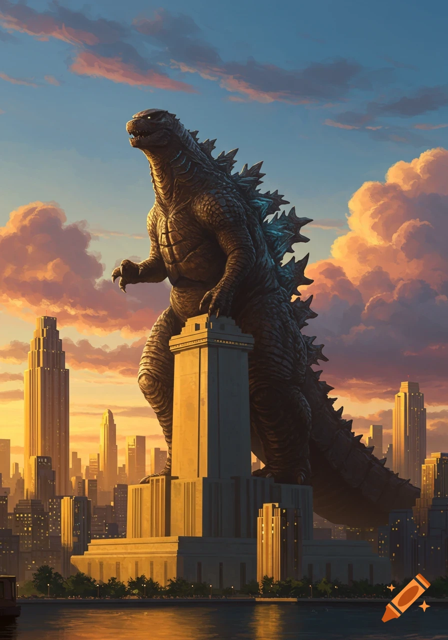 A massive Godzilla stands atop a tall, ornate building in a city skyline at sunset, with golden clouds.
