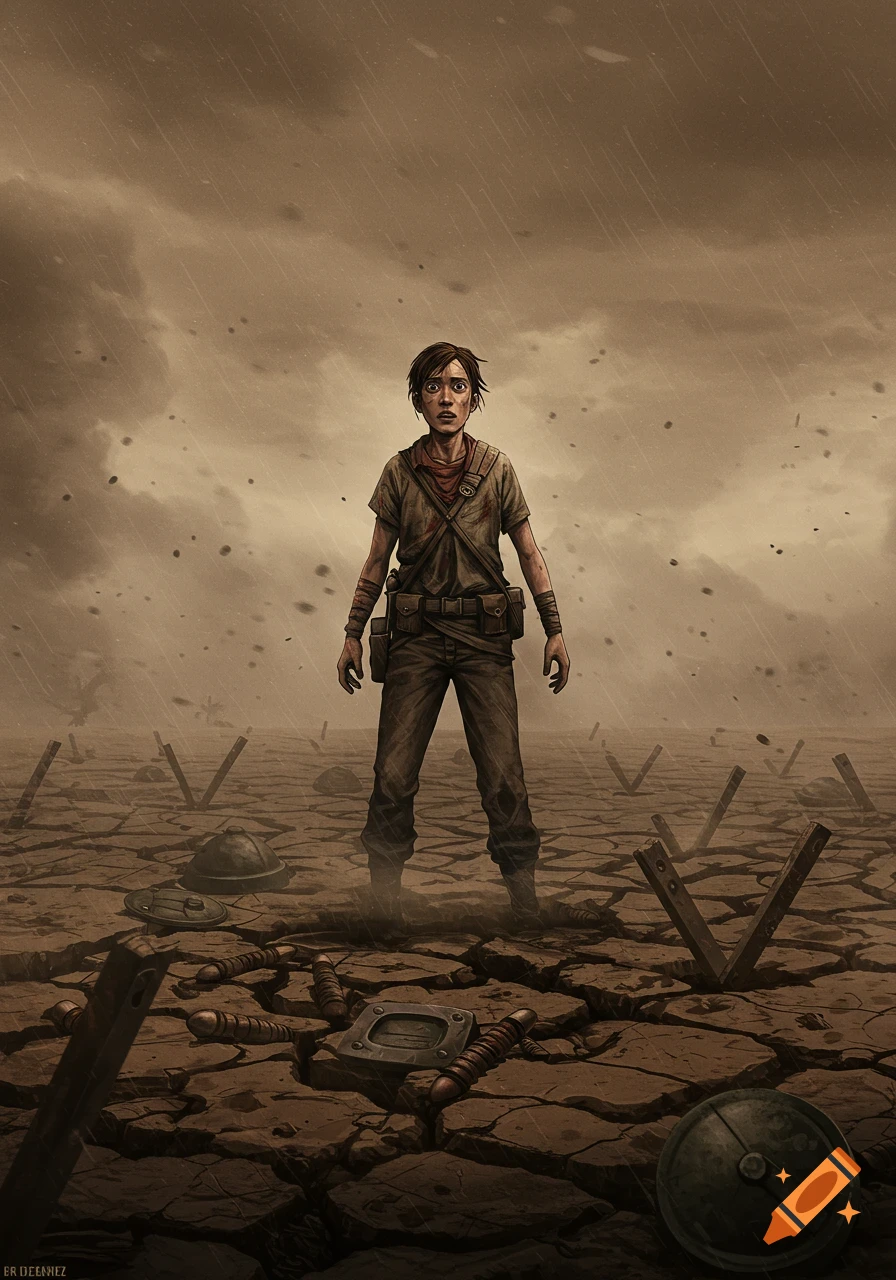 An anime-style image of a scared person in a desolate, cracked minefield under a stormy sky.