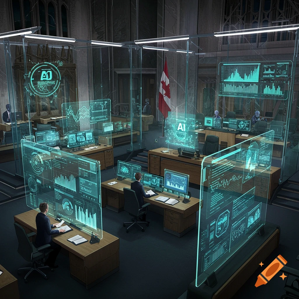 Conceptual illustration of a futuristic Canadian parliament office with people using desks and large glowing AI holographic displays, a Canadian flag visible.