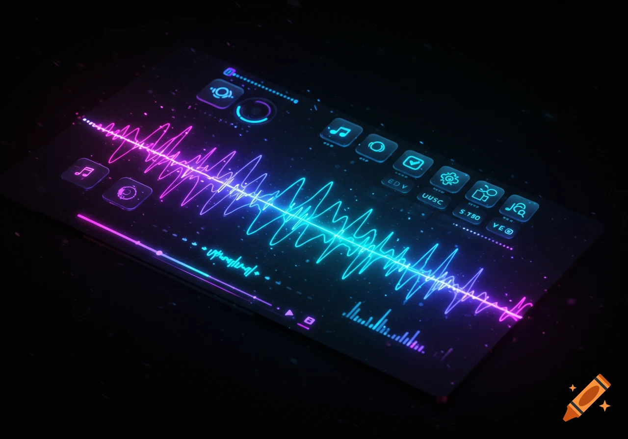 A dark, glowing neon music technology app interface with a vibrant sound wave display and icons.