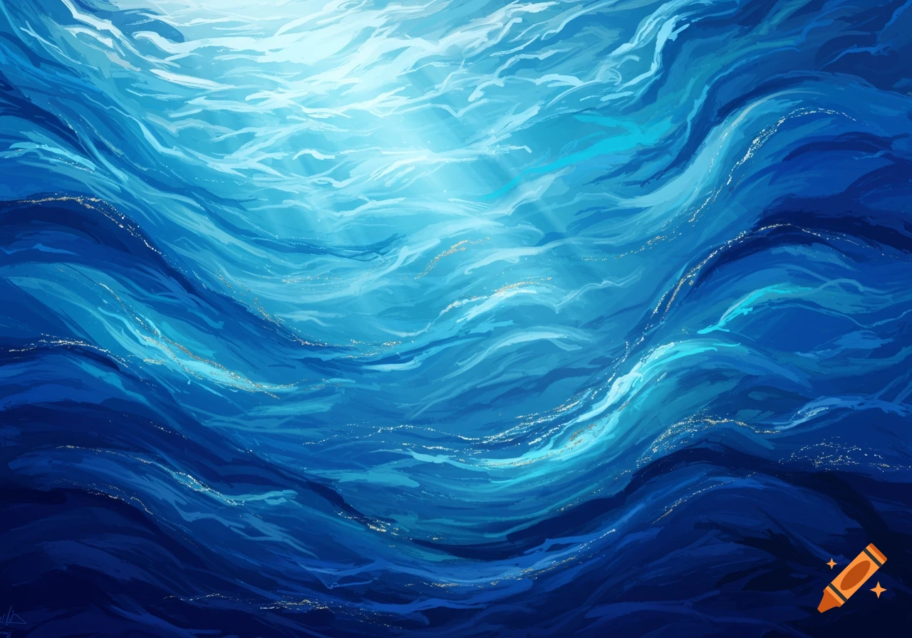 Abstract painting of deep blue water with lighter turquoise ripples and shimmering light.