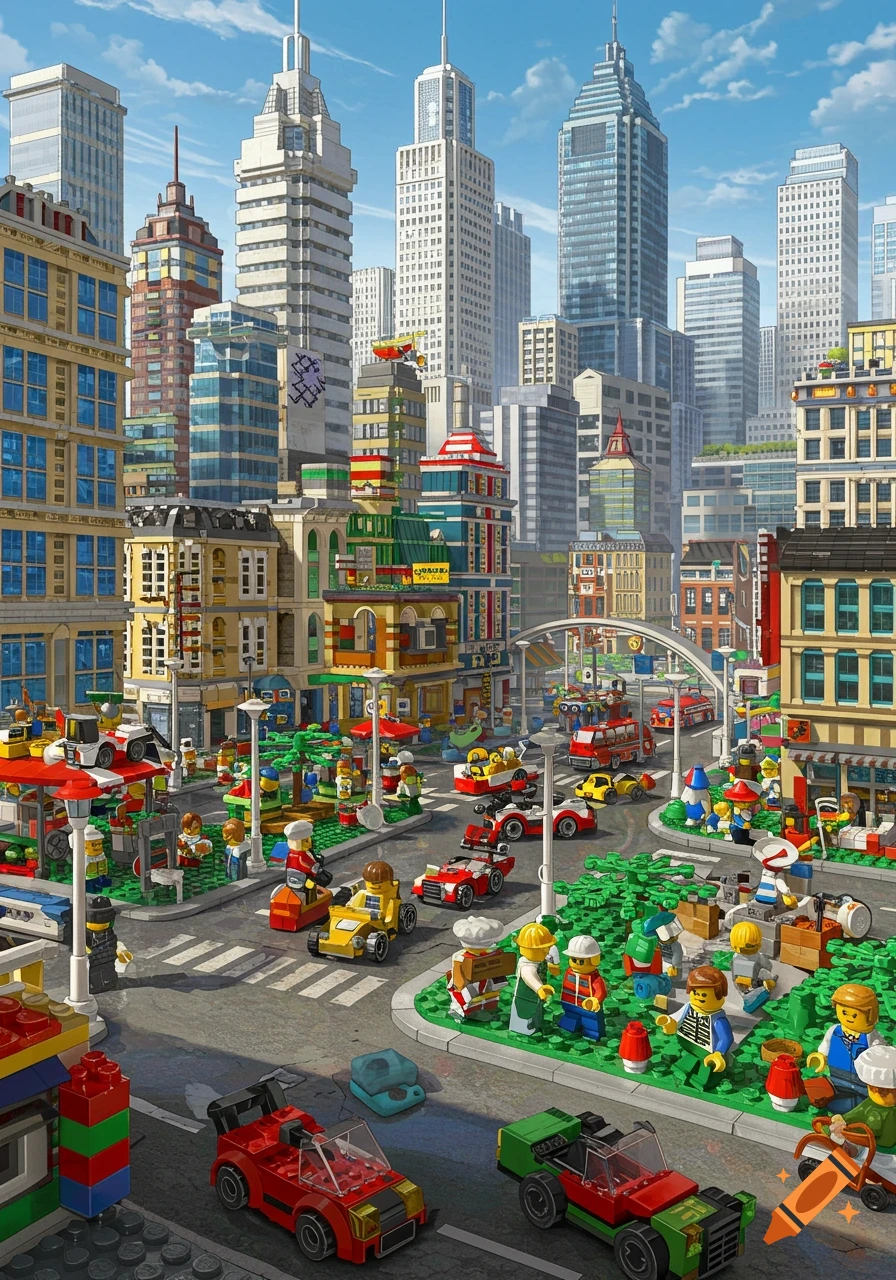 A vibrant, detailed Lego city street with numerous minifigures, vehicles, and tall buildings under a blue sky.