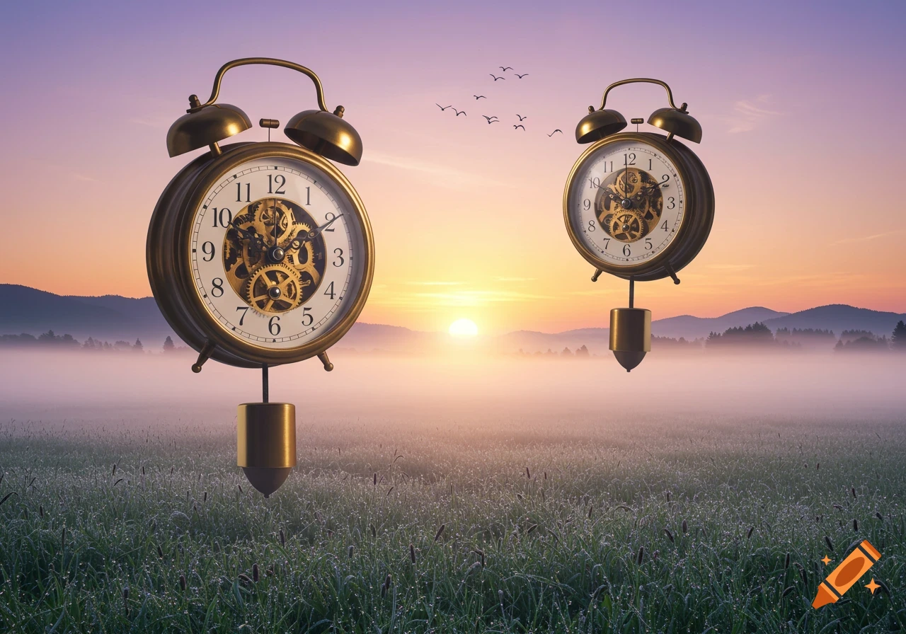 Two large, ornate alarm clocks float above a misty, dew-covered field at sunrise.