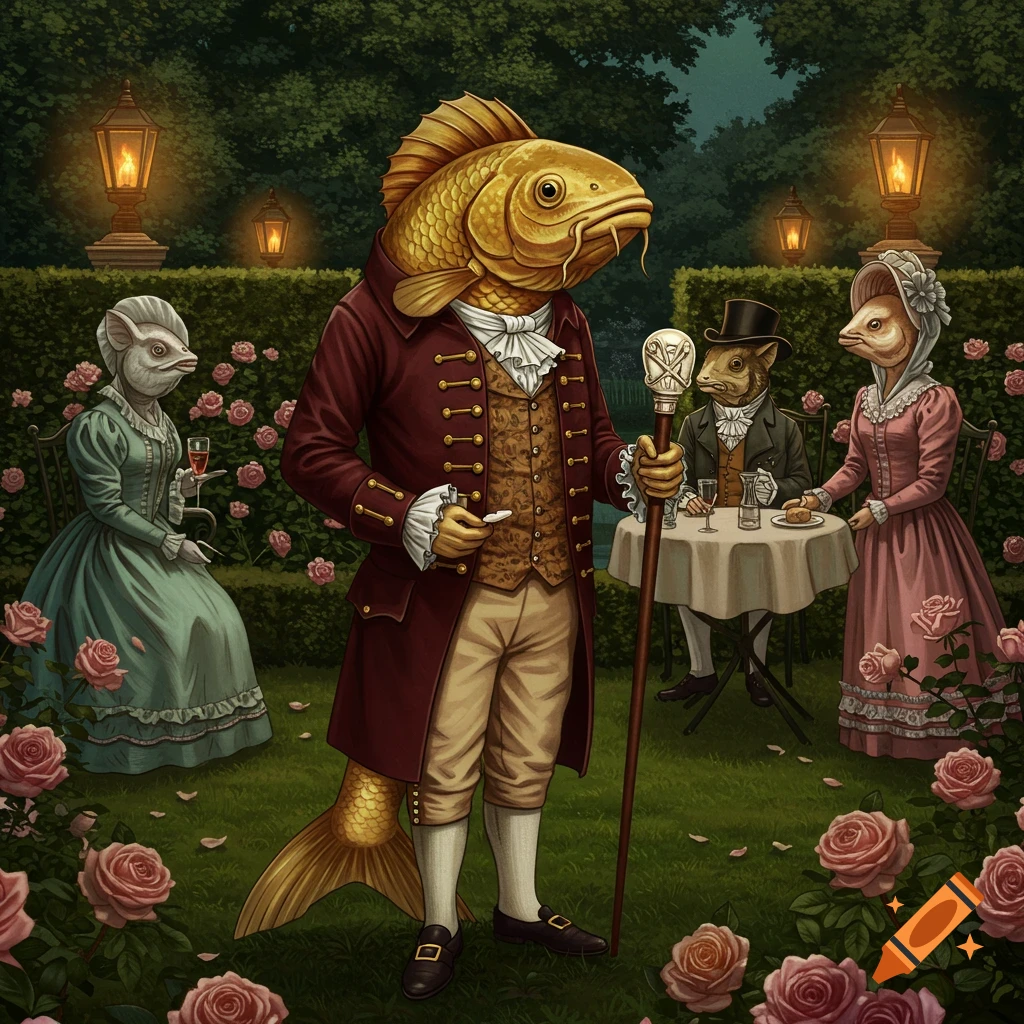An anthropomorphic goldfish in a red Victorian coat stands in a rose garden, while two other animal figures sit at a table.