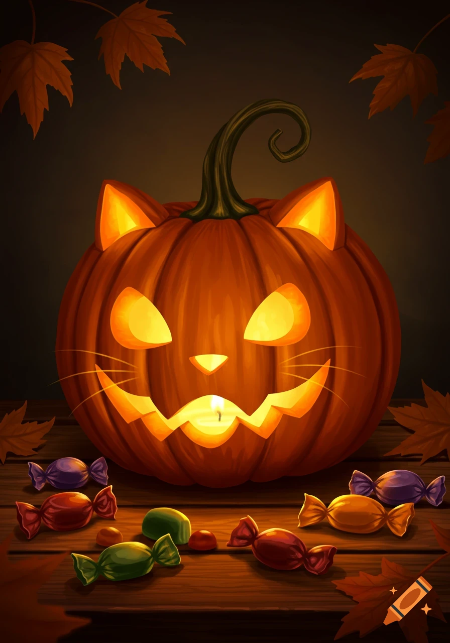 Vibrant illustration of a glowing cat-carved Halloween pumpkin surrounded by colorful candies and autumn leaves on a wooden table.