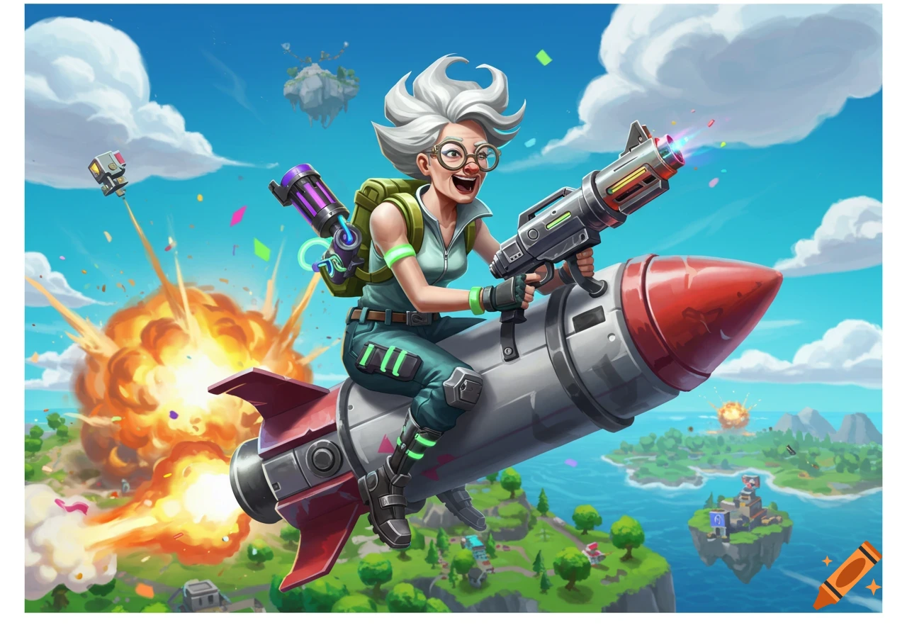 A stylized cartoon of an old woman with white hair and glasses riding a rocket, holding futuristic guns, amidst explosions and floating islands in a vibrant world.