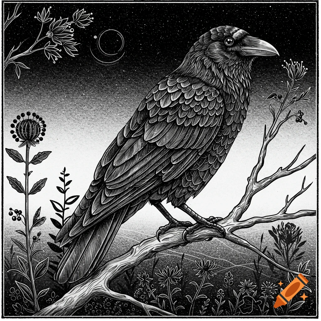 Black and white folk art illustration of a crow perched on a bare branch under a starry night sky with a crescent moon, surrounded by stylized plants.