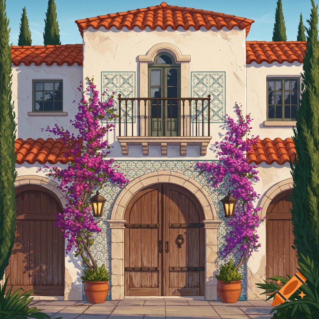 A vibrant illustration of a Mediterranean Revival building with a red tile roof, ornate balcony, and pink bougainvillea climbing its white walls, framed by cypress trees.