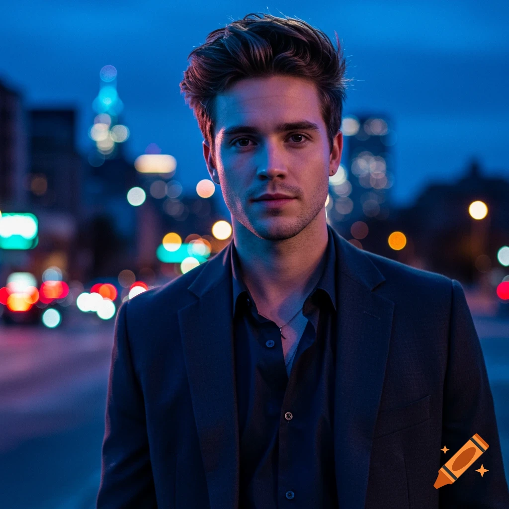 A man in a dark suit and shirt stands on a city street at night, with blurred colorful lights in the background. Photorealistic style.