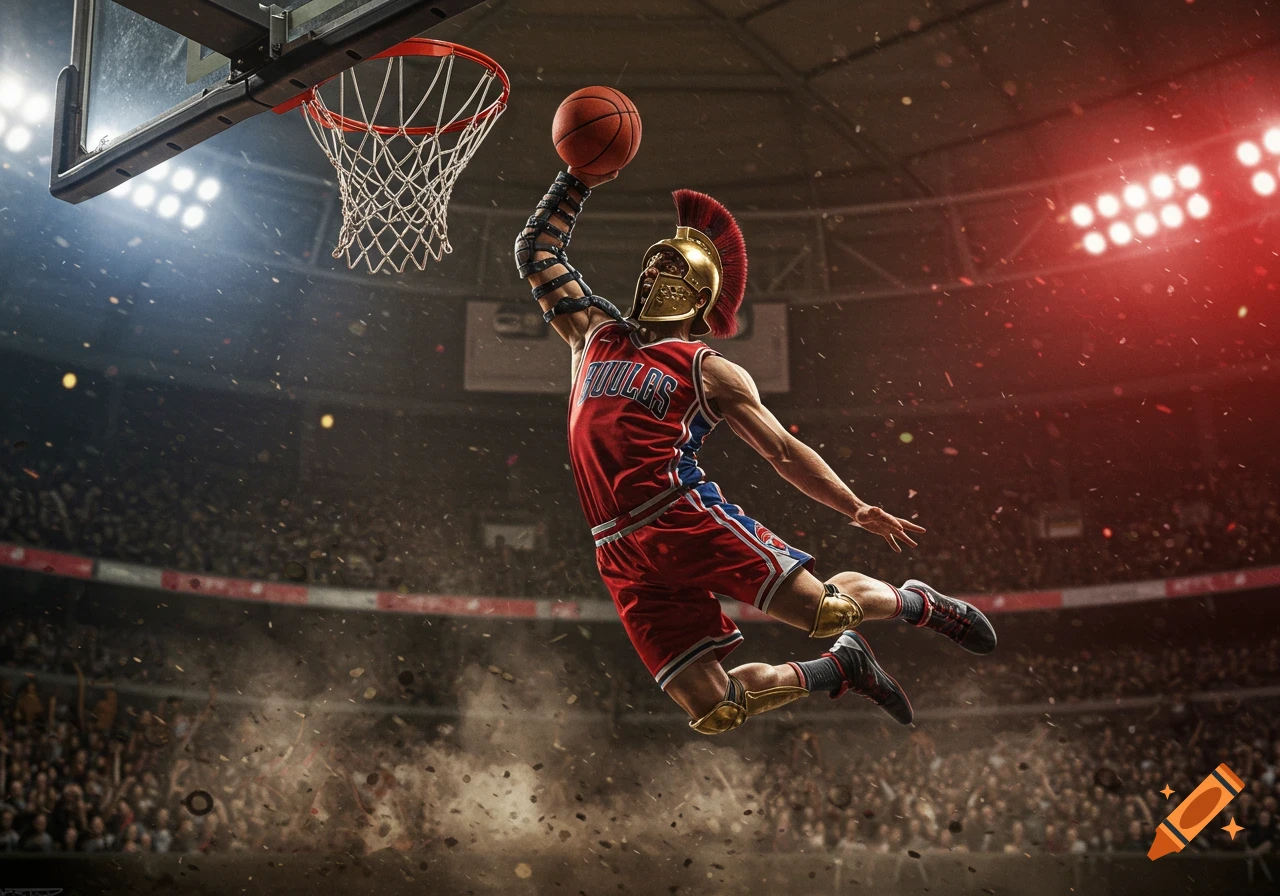 A gladiator in a red and blue basketball uniform dunks a basketball in a packed arena, with confetti falling.