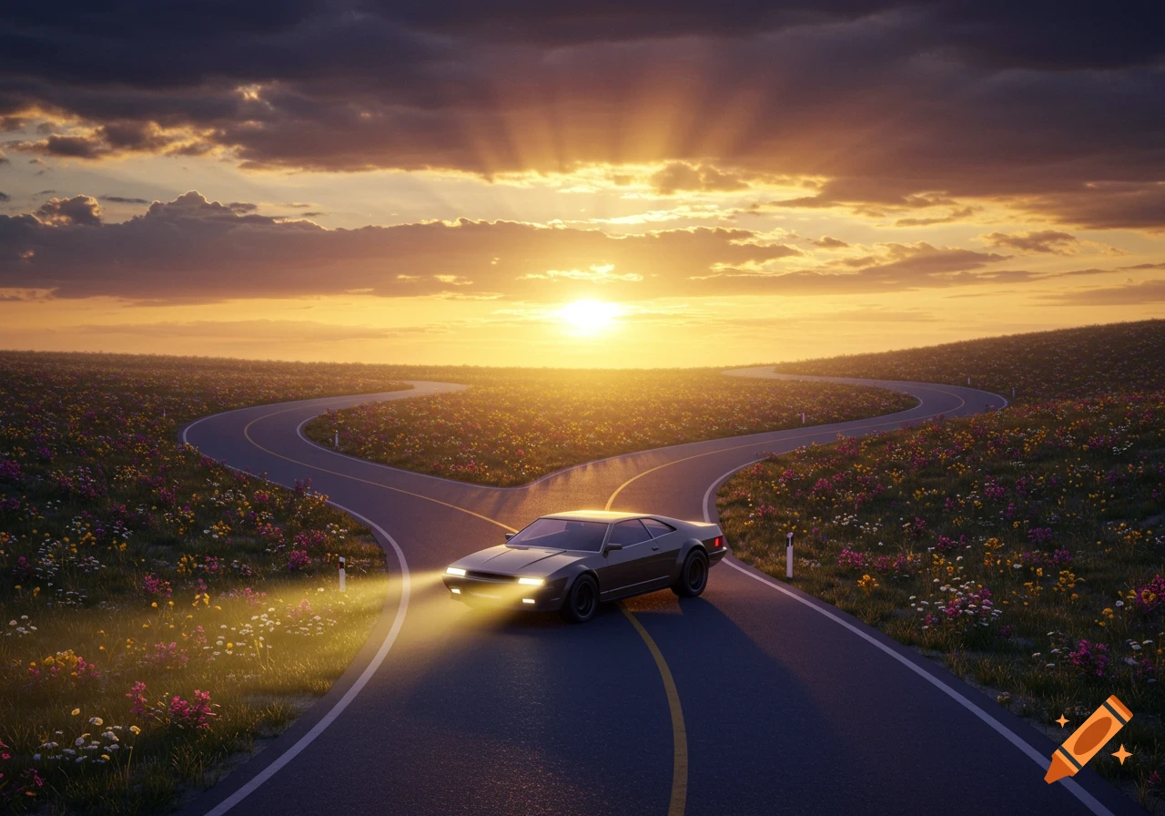 A dark car with headlights on sits at a three-way road juncture, surrounded by wildflowers under a dramatic sunset.
