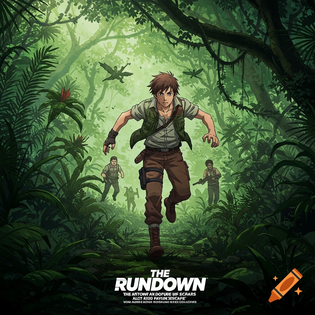 Anime illustration of a man running through a dense, green jungle, followed by other armed figures in the background. The title "THE RUNDOWN" is at the bottom.